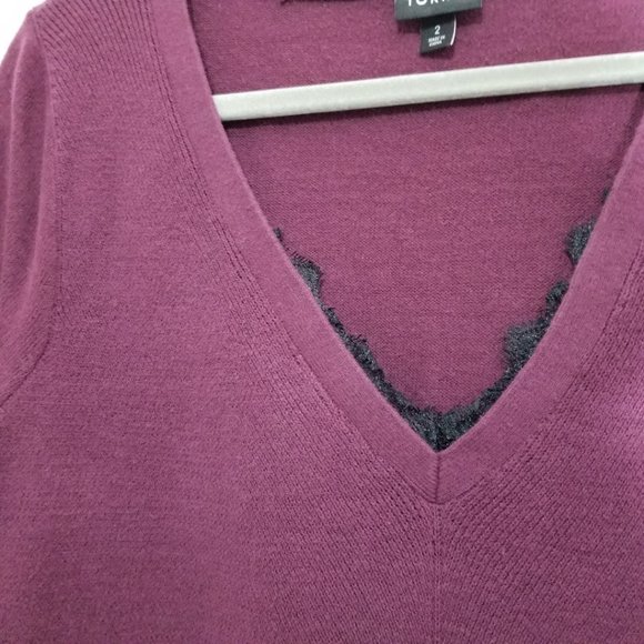 Torrid Burgundy Cotton V-Neck Lace Trim Sweater - Picture 3 of 5